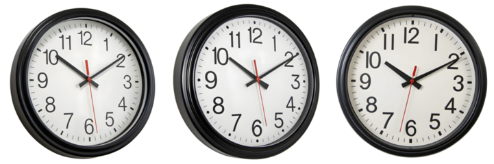 Set For Three classic black and white wall clocks isolated on transparent background