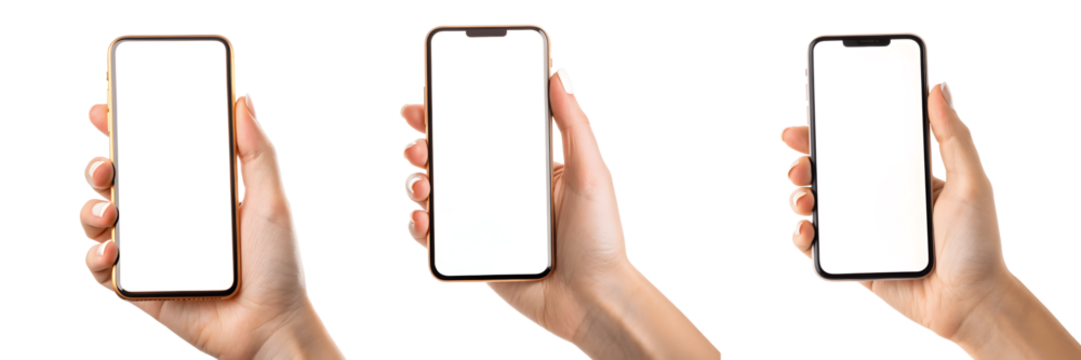 Set For Hands holding smartphones with blank white screens isolated on transparent background - Powered by Adobe