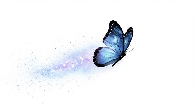 Papillon bleu voltige gracieusement laissant une trace scintillante de poussiere magique. AI Generated