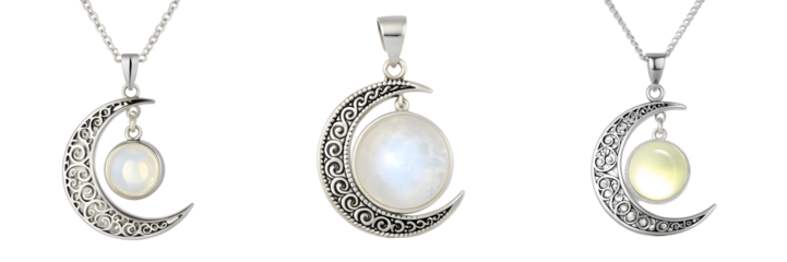 Set For moonstone necklaces with crescent moon pendants isolated on transparent background