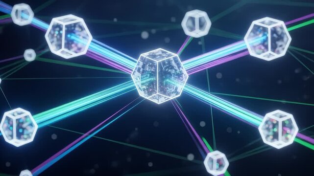 Abstract Network Visualization: Interconnected Cubes and Glowing Beams