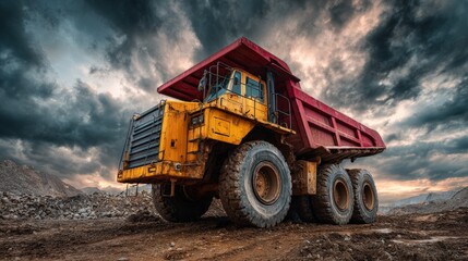 Obraz premium Powerful yellow and red mining dump truck parked at quarry under a dramatic sky Heavy machinery industry image