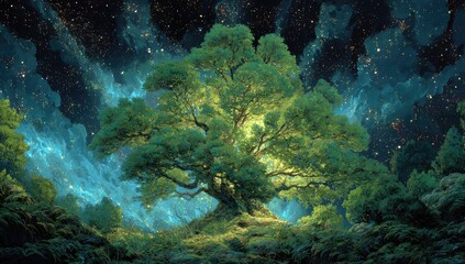 Fototapeta premium A luminous tree bathed in ethereal starlight