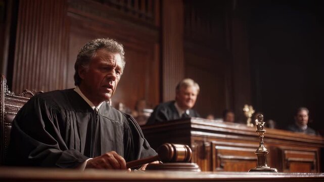 Courtroom scene capturing a judge issuing a formal ruling from the bench reinforcing the solemnity and importance of the legal system.