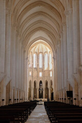 Architectural view of a church interior with tall stone columns, aisle, and distant tower with...