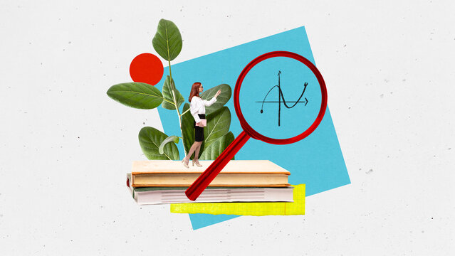 Collage of teacher with magnifying glass pointing math graph in educational theme. Concept of teaching, analysis, knowledge transfer, mathematical study, cognitive learning and academic curiosity. - Powered by Adobe