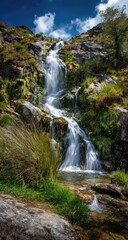 Obraz premium Cascading waterfall tumbles down rocky hillside, lush greenery surrounding