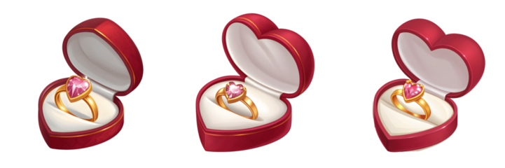 Set For heart shaped ring boxes with rings isolated on transparent background