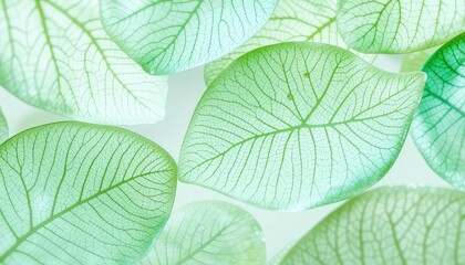 Obraz premium Delicate arrangement of light green translucent leaves displaying intricate vein patterns against a subtle backdrop