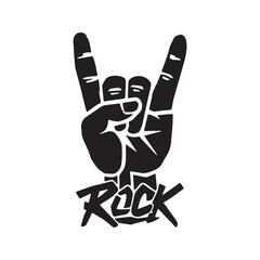 Obraz premium Rock on hand gesture with text. Devil horns symbol for rock and roll, heavy metal music. Black and white vector illustration for concert or festival poster. 