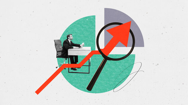 Contemporary collage. Businessman at desk with magnifying glass and rising arrow in analytics theme. Concept of business intelligence, market research, financial growth, data analysis and strategy.