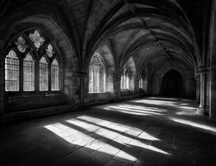 Obraz premium Ancient stone hallway with arched ceilings and stained glass windows. Sunlight casts dramatic shadows on the floor