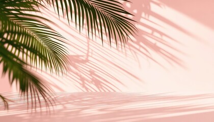 Tropical backdrop with palm fronds casting intricate shadows on a soft pink surface for product display.