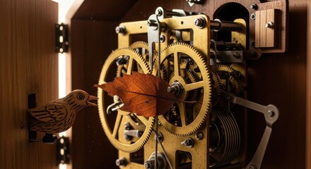Fototapeta premium Photo of closeup of a vintage cuckoo clock mechanism with gears and a wooden bird, highlighting the intricate craftsmanship and mechanical complexity of traditional timekeeping