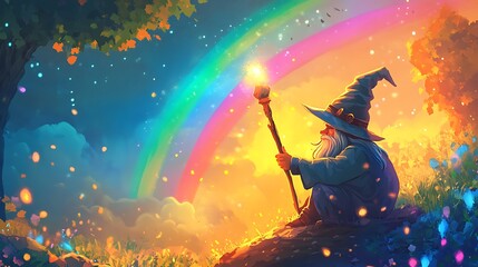 Wizard observing rainbow in meadow