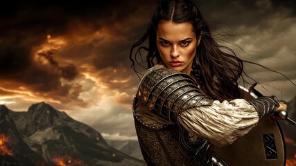 Brunette woman in dark fantasy armor posing with sword against fiery sky and mountainous battlefield, symbolizing courage and conflict
