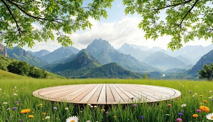 Wooden Platform in a Lush Meadow with Colorful Flowers and Majestic Mountains in the Background