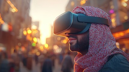 Man in VR headset, city sunset background, experiencing virtual reality
