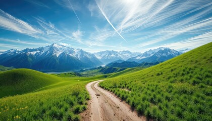 Fototapeta premium Winding dirt road cuts through lush green hills with distant snow capped mountains under a bright blue sky with wispy cirrus clouds
