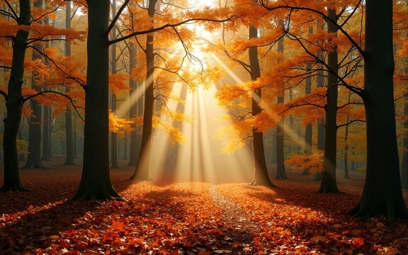 Forest panorama in autumn with lots of sunlight and autumn leaves on the forest floor. High quality