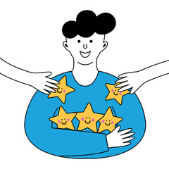 Smiling young man holding three golden stars while two extra stars are handed to him by other hands.