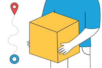 Courier hands holding a large box with location icons in the background.