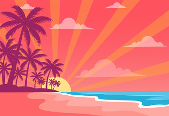 Tropical beach sunset with palm trees silhouette, golden sun rays, pink sky and ocean waves in retro summer illustration