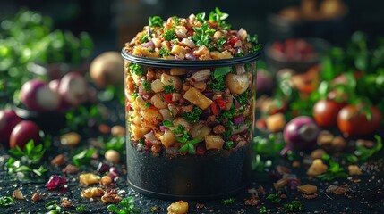 Colorful layered salad in a clear container on a dark background. Possible use Food photography, healthy eating