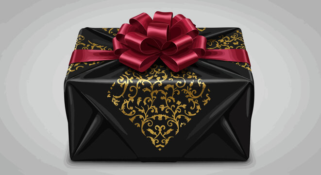 A blackwrapped present is adorned with a maroon bow and gold floral accents against a gray background