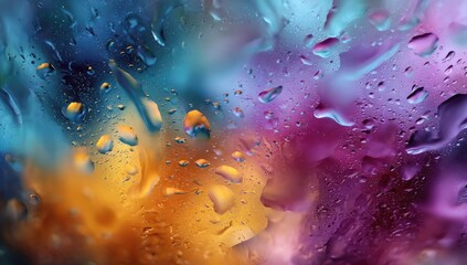 Abstract water droplets on glass, vibrant colors
