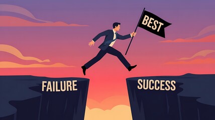 Determined businessman leaps across a chasm from failure to success holding a flag with the word best at sunset