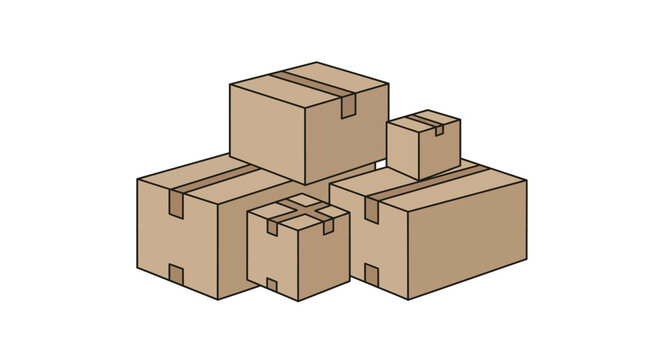 A pile of 5 brown cardboard boxes of varying sizes with tape stacked together on a white background