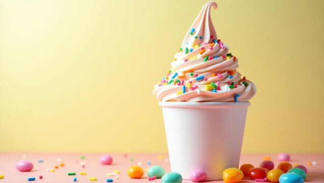 Un helado suave en espiral en una taza blanca brillante, generosamente cubierto con una mezcla de chispas de colores