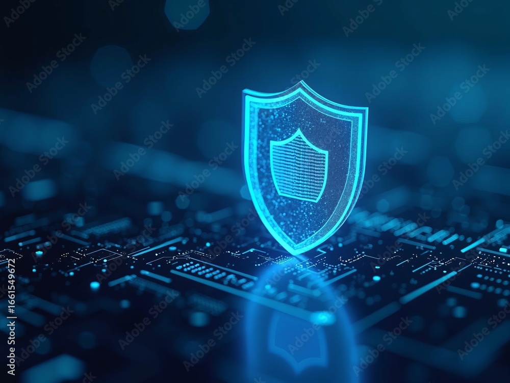 Fototapete cybersecurity protection and digital data privacy concept with glowing shield icon hovering over com