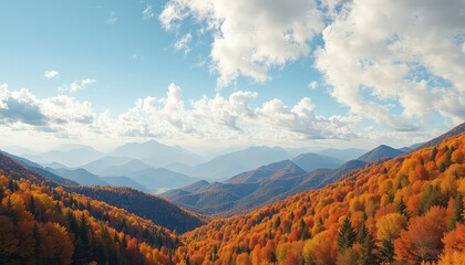 Majestic mountain vista during fall showing rolling hills covered with trees in autumn colors under a partly cloudy sky