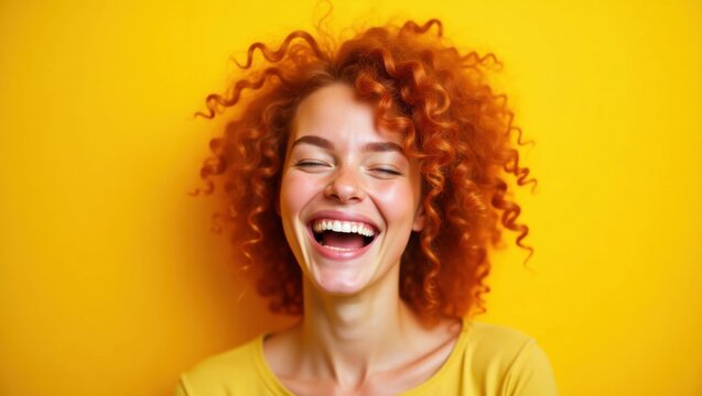 Mujer pelirroja alegre riendo sobre fondo amarillo. Pecas, sonrisa radiante, rizos suaves, expresando alegr&iacute;a y belleza natural