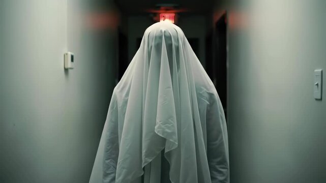 A ghostly figure in a flowing white sheet slowly materializes at the end of a long, dark, narrow hallway, shallow depth of field.