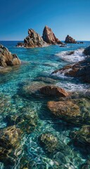 Crystal-clear turquoise water laps around rocky coast, dramatic cliffs rise from the seabed