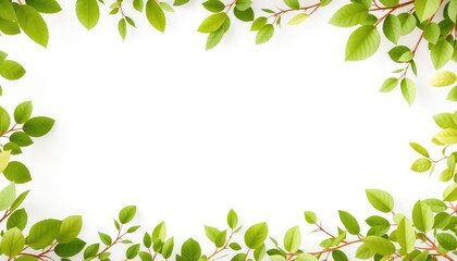 Obraz premium Bright Green Leaves and Delicate Branches Frame a Clean White Space, Suggesting Growth and Natural Beauty