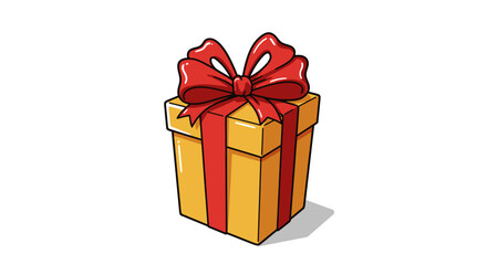 Fototapeta premium A yellow present with a red ribbon and bow sits on a white surface with a gray shadow