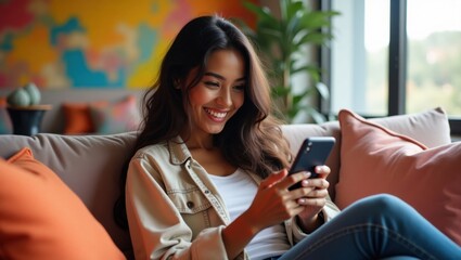 Mujer hispana joven feliz sentada en un sofá usando un teléfono inteligente, riendo mientras chatea con amigos en la aplicación de redes sociales