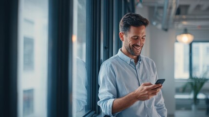 The man smiling while using a smartphone in a modern office setting.