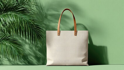 Light beige tote bag,  natural tones,  green backdrop, tropical leaf shadows