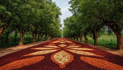 A pathway lined with trees, adorned with a patterned carpet of dried flowers