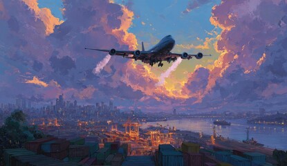Obraz premium A majestic jet plane descends over a bustling port city at sunset