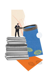 Modern artwork with businessman on books searching fingerprints with magnifier. Concept of forensic...