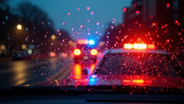 Gotas de lluvia en el parabrisas reflejan las luces rojas y azules intermitentes de la polic&iacute;a durante una patrulla nocturna lluviosa
