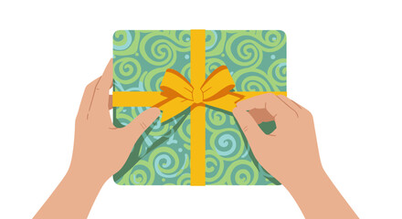 Hands hold a patterned gift box tied with a yellow ribbon  bow against a white backdrop