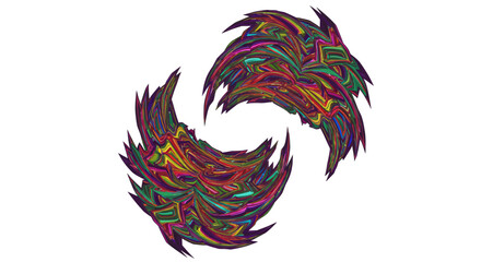 Obraz premium Two swirling colorful crescentshaped objects with pointed edges against a white background
