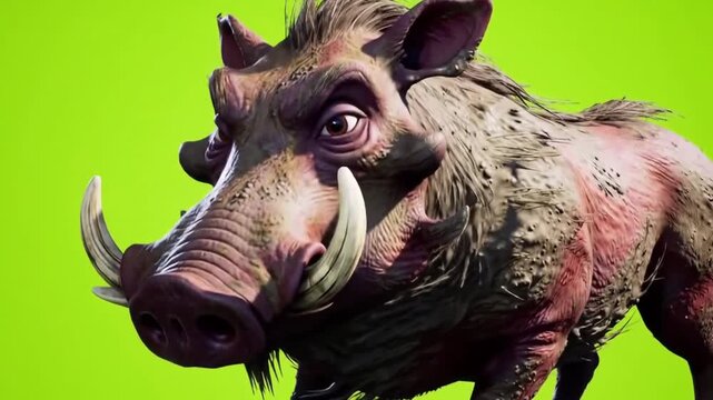 3d animated wild boar character walking and looking around on green screen background